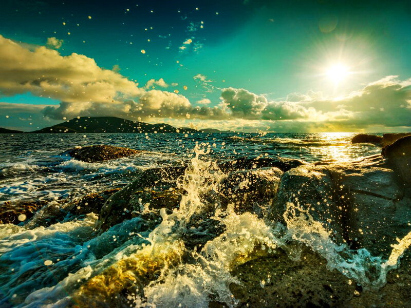 Waves Crashing on Rocks — Blue, Dramatic, Sunset, Photograph, Sun, Clouds