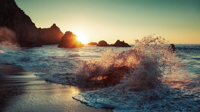 Waves Crashing on Rocks — Blue, Dramatic, Sunset, Photograph, Sun, Ocean, Beach