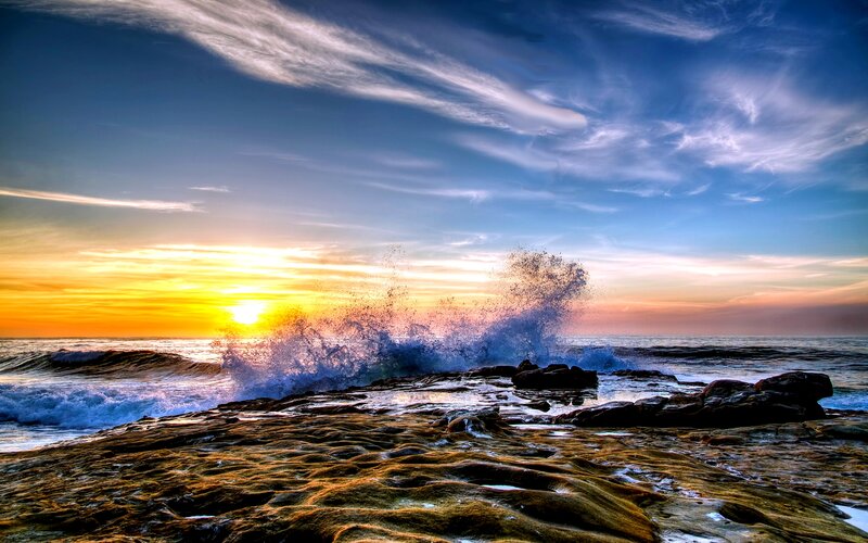 Waves Crashing on Rocks — Blue, Dramatic, Sunset, Photograph, Sun, Ocean