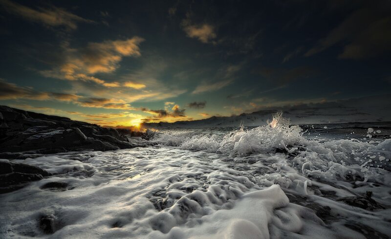 Waves Crashing on Rocks — Blue, Dramatic, Sunset, Photograph, Sun