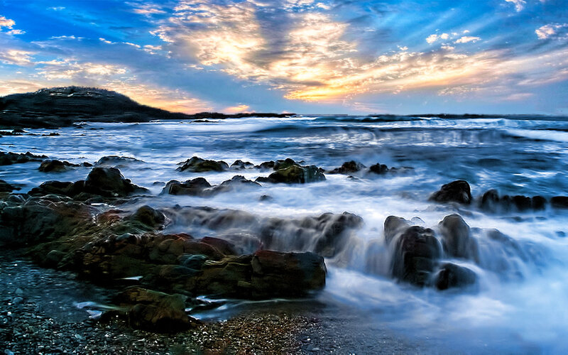Waves Crashing on Rocks — Blue, Dramatic, Sunset, Photograph