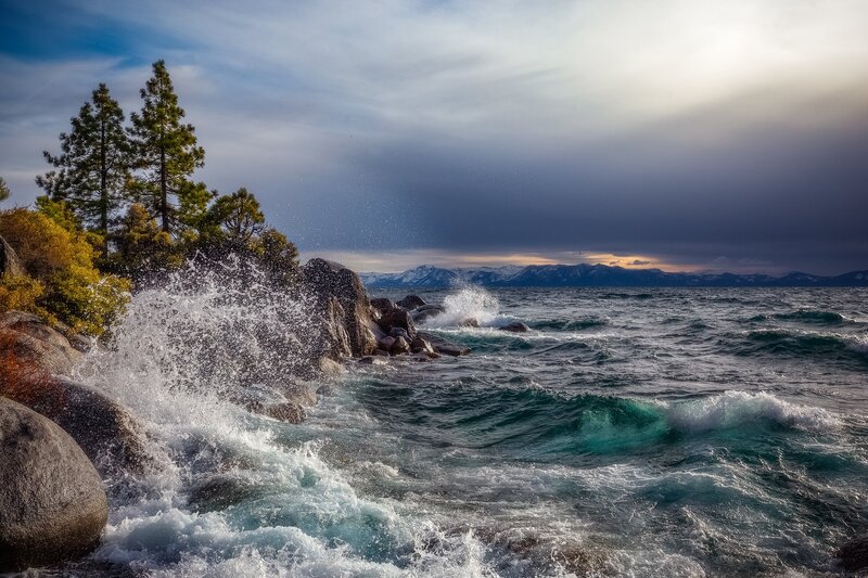 Waves Crashing on Rocks — Blue, Dramatic, Sunset, Photograph, Trees