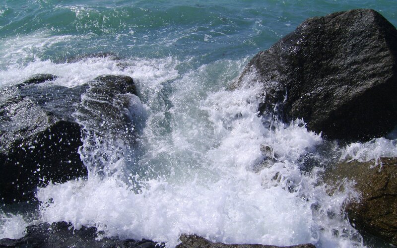 Waves Crashing on Rocks — Blue, Dynamic, Afternoon, Photograph, Ocean, Foam, White, Black