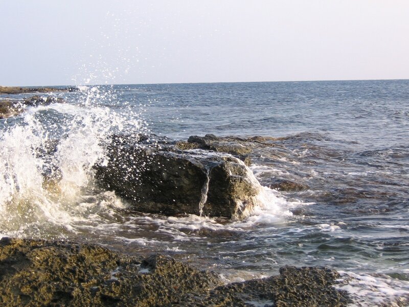Waves Crashing on Rocks — Blue, Dynamic, Afternoon, Photograph, Ocean, Sky, White, Gray