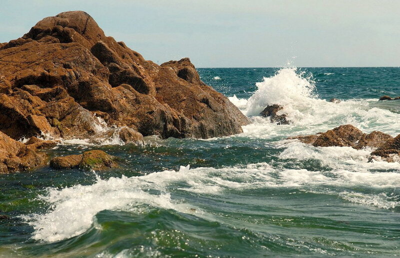 Waves Crashing on Rocks — Blue, Dynamic, Afternoon, Photograph
