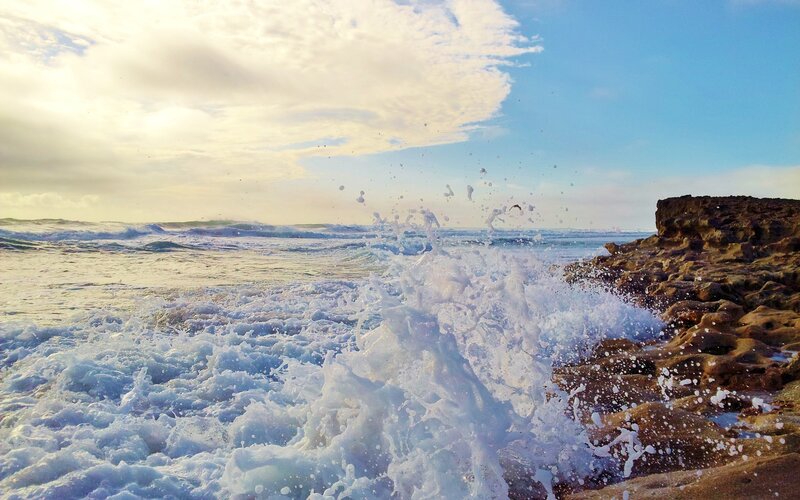 Waves Crashing on Rocks — Blue, Dynamic, Sunset, Photograph