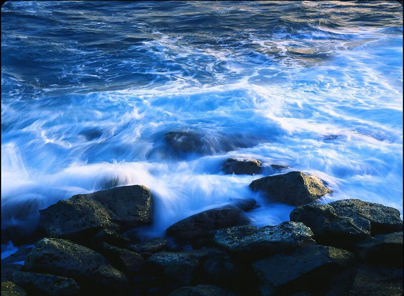 Waves Crashing on Rocks — Blue, Dynamic, Sunset