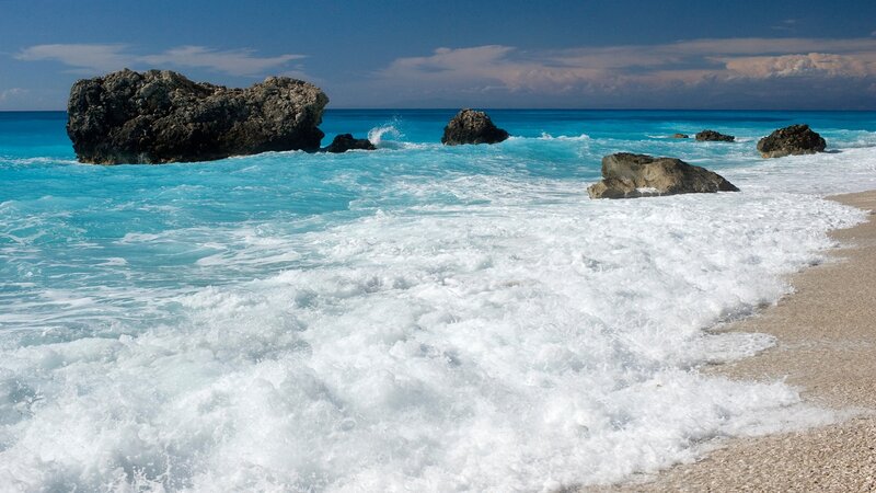 Waves Crashing on Rocks — Blue, Serene, Afternoon, Photograph, Ocean, Beach