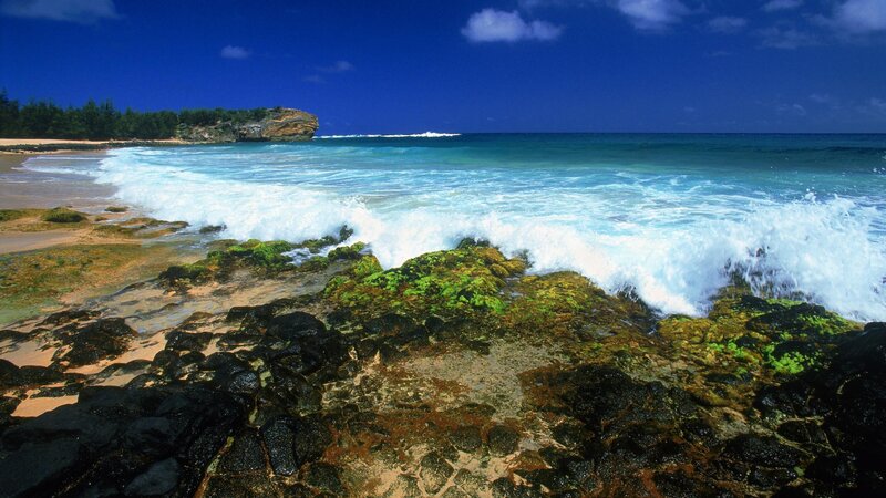 Waves Crashing on Rocks — Blue, Serene, Afternoon, Photograph, Ocean, Sky, Green, Black