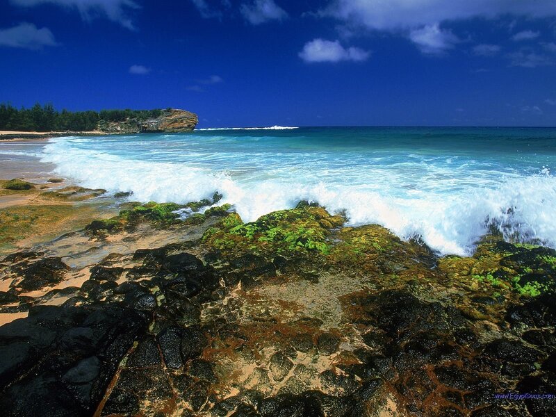 Waves Crashing on Rocks — Blue, Serene, Afternoon, Photograph, Ocean, Sky, Green