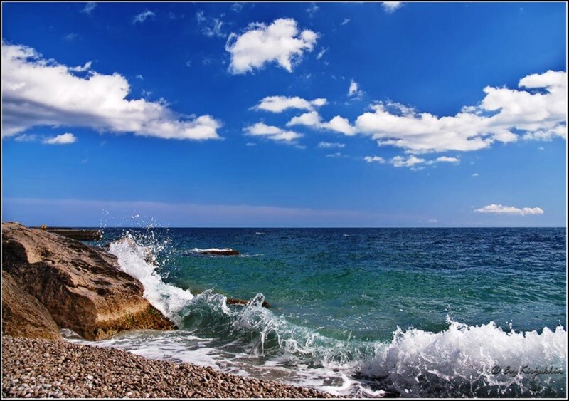 Waves Crashing on Rocks — Blue, Serene, Afternoon