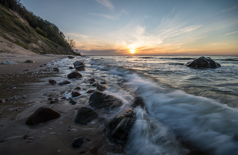 Waves Crashing on Rocks — Blue, Serene, Sunset, Photograph, Beach