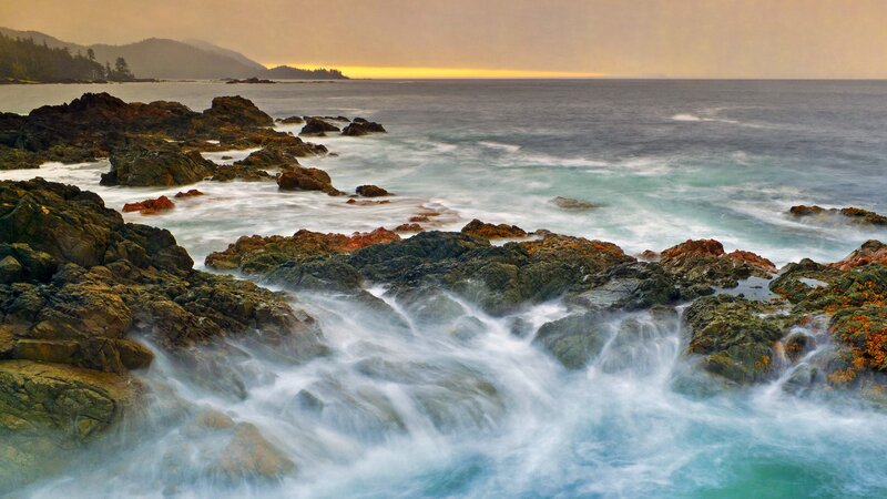 Waves Crashing on Rocks — Blue, Serene, Sunset, Photograph, Ocean, Mountains, Sky