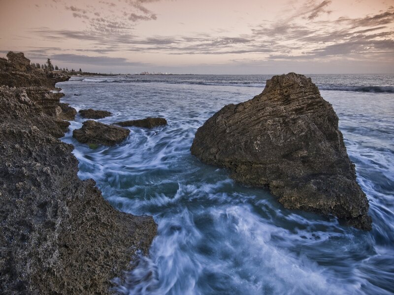 Waves Crashing on Rocks — Blue, Serene, Sunset, Photograph, Ocean, Sky, Gray
