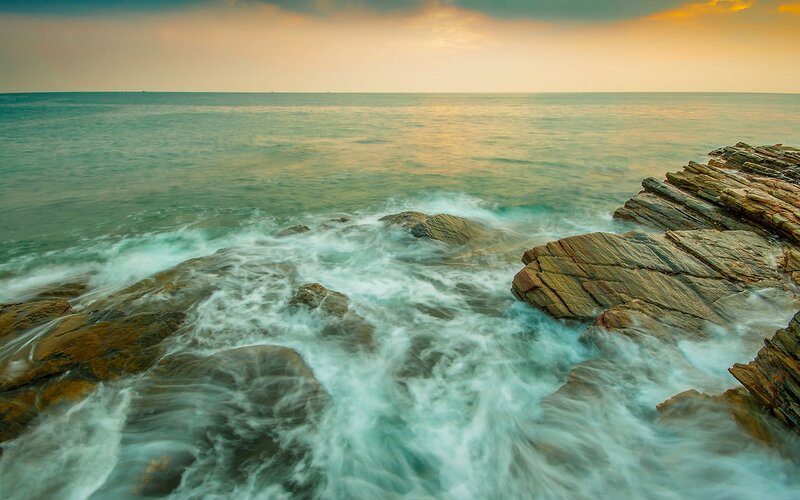 Waves Crashing on Rocks — Blue, Serene, Sunset, Photograph, Ocean, Sky, Green