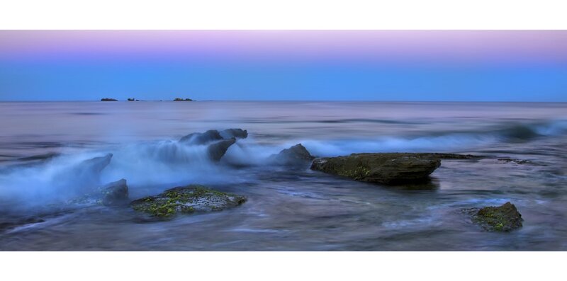 Waves Crashing on Rocks — Blue, Serene, Sunset, Photograph