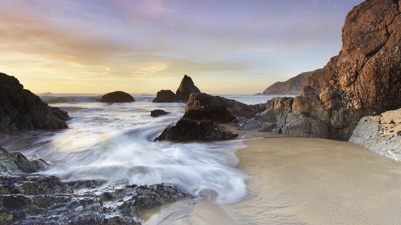 Waves Crashing on Rocks — Blue, Serene, Sunset