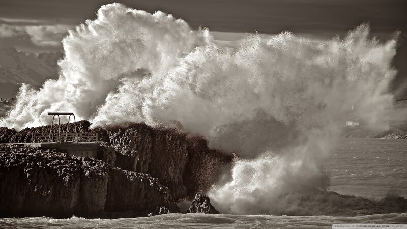 Waves Crashing on Rocks — Brown, Dramatic, Photograph