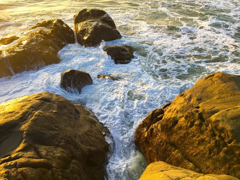 Waves Crashing on Rocks — Brown, Dramatic, Sunset, Photograph, Ocean, Foam