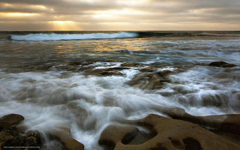 Waves Crashing on Rocks — Brown, Dramatic, Sunset, Photograph, Ocean, Sky