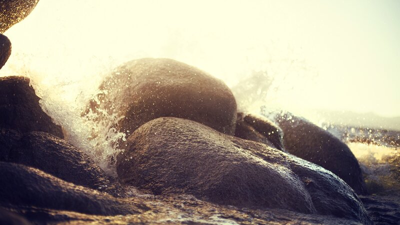 Waves Crashing on Rocks — Brown, Dramatic, Sunset, Photograph, Ocean, Sunlight, White