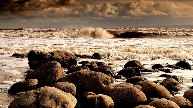 Waves Crashing on Rocks — Brown, Dramatic, Sunset, Photograph, Ocean