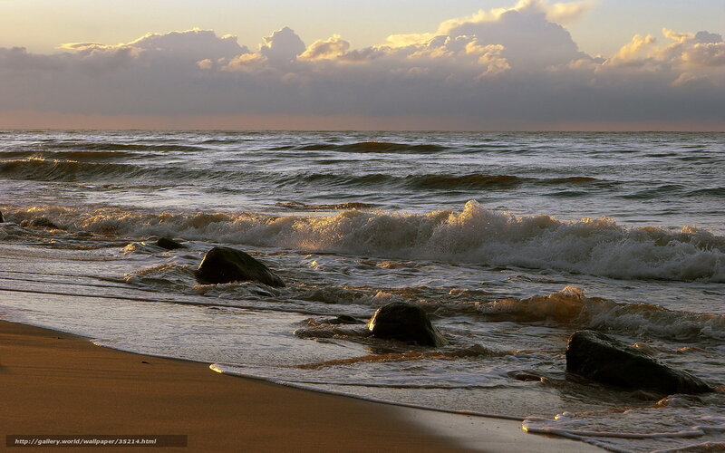 Waves Crashing on Rocks — Brown, Dramatic, Sunset, Photograph