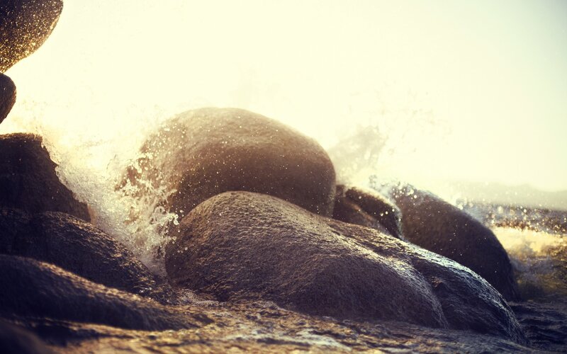 Waves Crashing on Rocks — Brown, Dramatic, Sunset, Photograph, Water