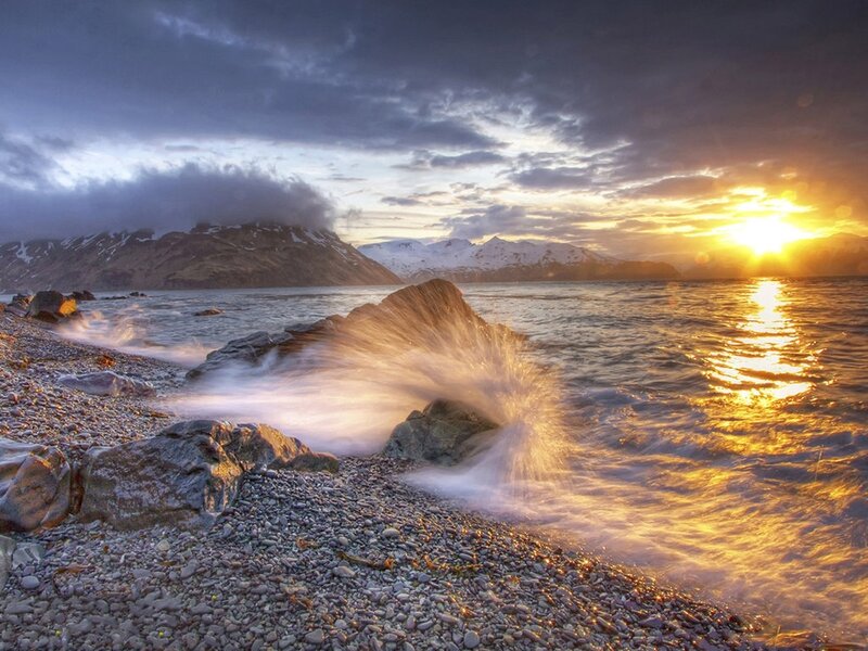 Waves Crashing on Rocks — Gold, Dramatic, Sunset, Photograph, Mountains
