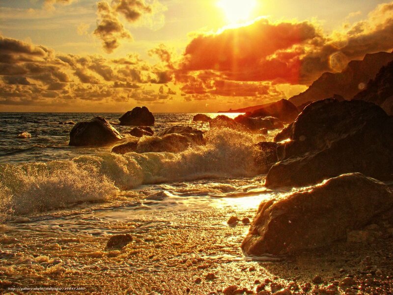 Waves Crashing on Rocks — Gold, Dramatic, Sunset, Photograph, Ocean, Sky