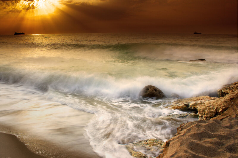 Waves Crashing on Rocks — Gold, Dramatic, Sunset, Photograph, Ocean, Sunlight, Ship