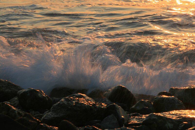 Waves Crashing on Rocks — Gold, Dramatic, Sunset, Photograph, Ocean, Sunlight