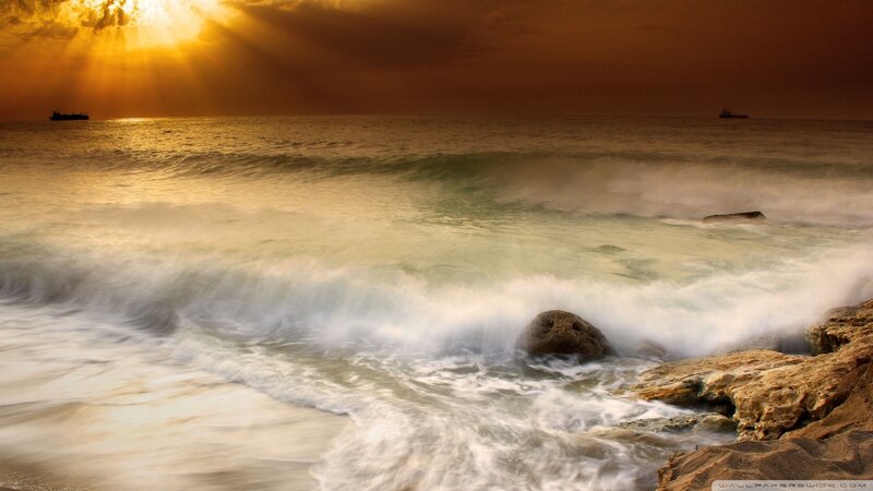Waves Crashing on Rocks — Gold, Dramatic, Sunset, Photograph, Ocean
