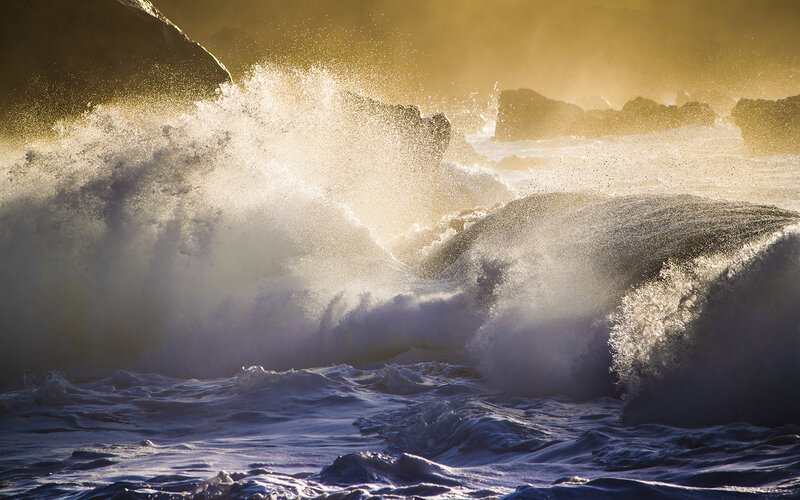 Waves Crashing on Rocks — Gold, Dramatic, Sunset, Photograph, Sea Spray