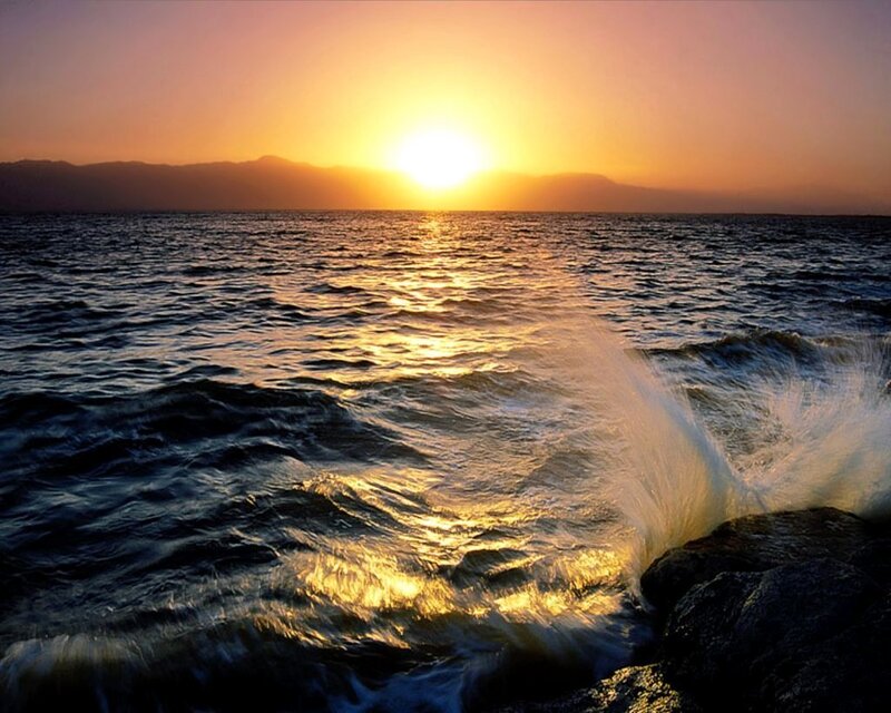 Waves Crashing on Rocks — Gold, Dramatic, Sunset, Photograph, Sun