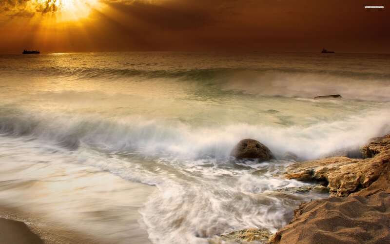Waves Crashing on Rocks — Gold, Dramatic, Sunset, Photograph, Sunlight, Ship