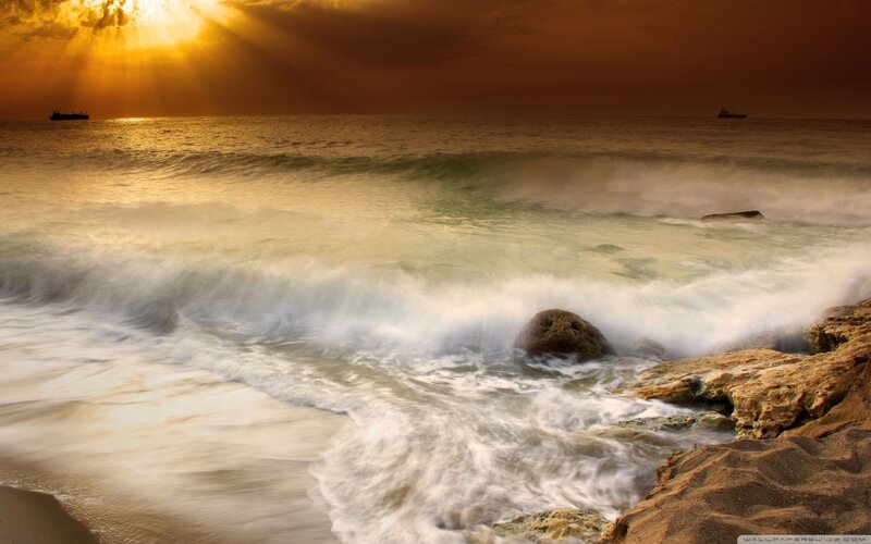 Waves Crashing on Rocks — Gold, Dramatic, Sunset, Photograph