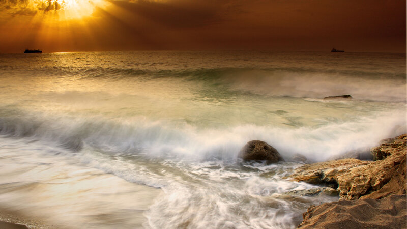 Waves Crashing on Rocks — Gold, Dramatic, Sunset