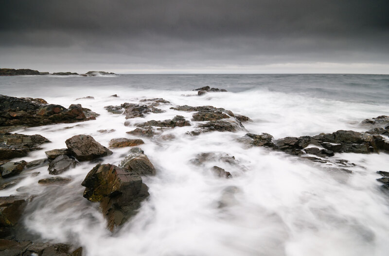 Waves Crashing on Rocks — Gray, Dramatic, Photograph, Ocean, Sky