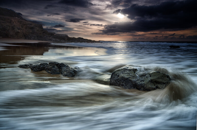 Waves Crashing on Rocks — Gray, Dramatic, Sunset, Photograph, Beach
