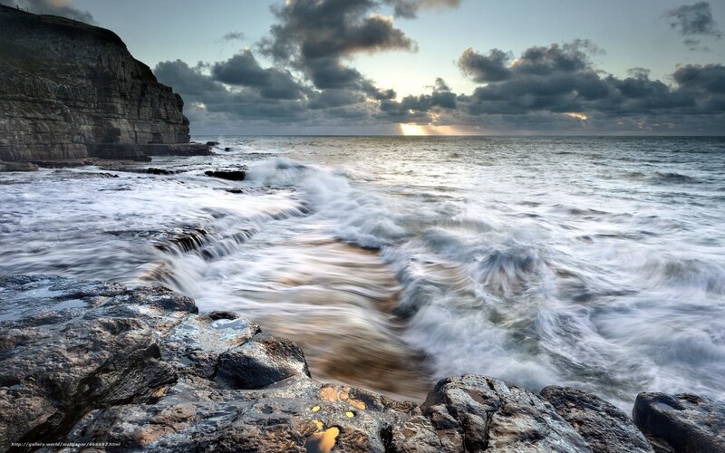 Waves Crashing on Rocks — Gray, Dramatic, Sunset, Photograph, Cliffs