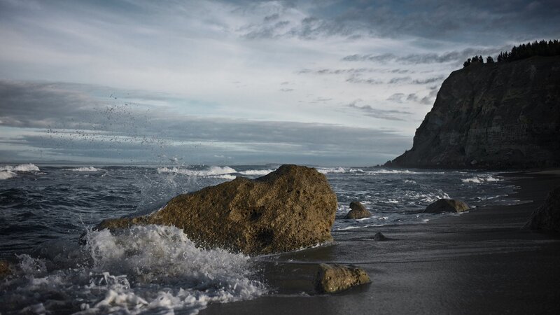 Waves Crashing on Rocks — Gray, Dramatic, Sunset, Photograph, Ocean, Cliff