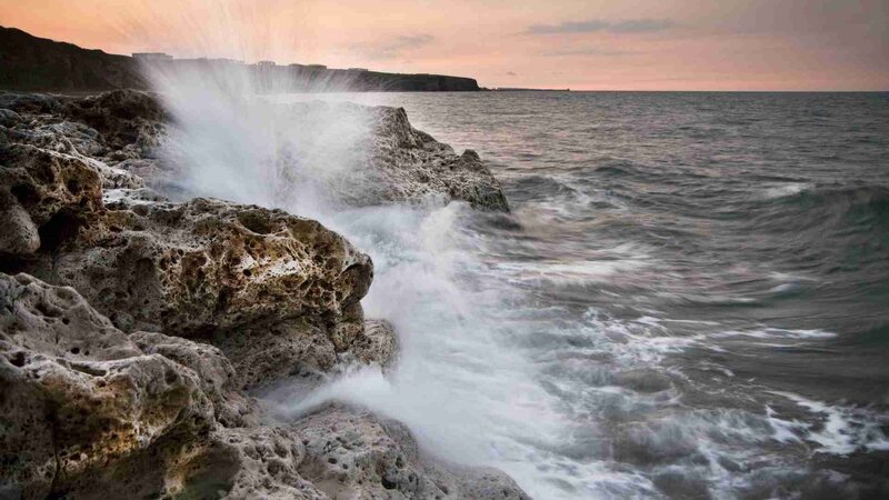 Waves Crashing on Rocks — Gray, Dramatic, Sunset, Photograph, Ocean, Cliffs, Sky