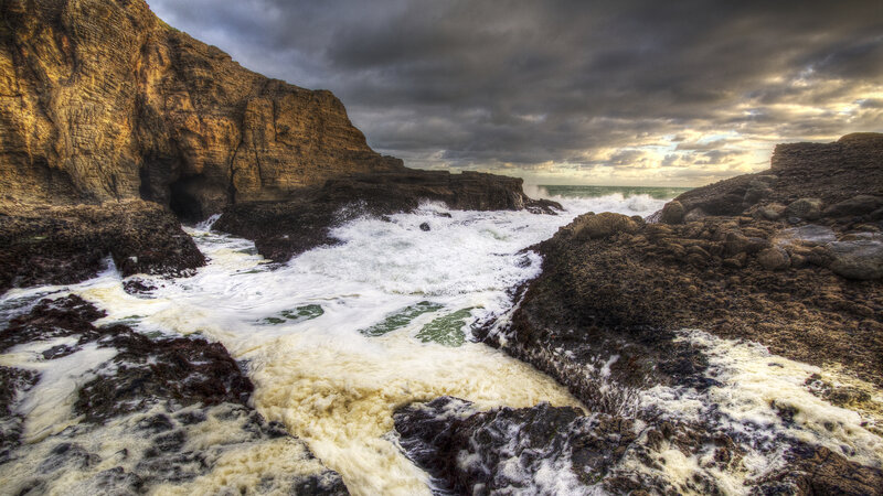 Waves Crashing on Rocks — Gray, Dramatic, Sunset, Photograph, Ocean, Cliffs
