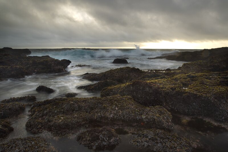 Waves Crashing on Rocks — Gray, Dramatic, Sunset, Photograph, Ocean, Clouds, Sunlight