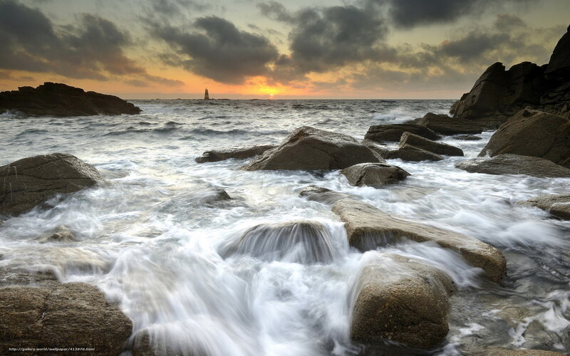 Waves Crashing on Rocks — Gray, Dramatic, Sunset, Photograph, Ocean, Lighthouse