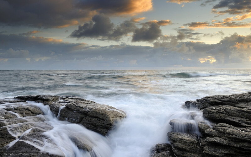 Waves Crashing on Rocks — Gray, Dramatic, Sunset, Photograph, Ocean, Sky, Clouds