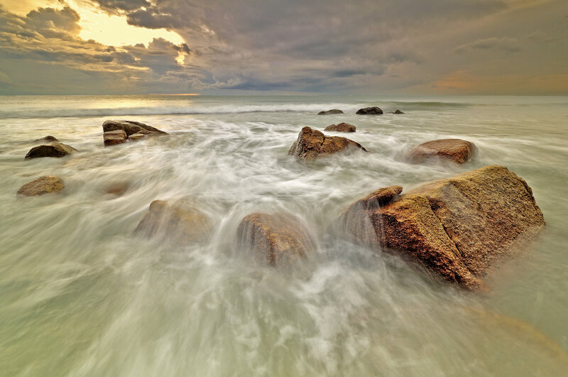 Waves Crashing on Rocks — Gray, Dramatic, Sunset, Photograph, Ocean, Sky
