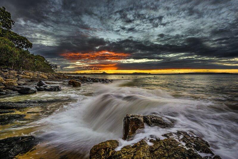 Waves Crashing on Rocks — Gray, Dramatic, Sunset, Photograph, Ocean, Sky, Trees