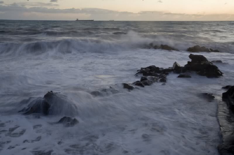 Waves Crashing on Rocks — Gray, Dramatic, Sunset, Photograph